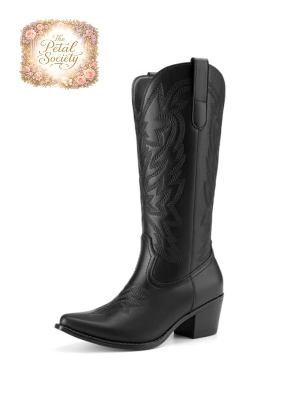 Western Cowboy Boots Women Low Heel Mid Calf Faux Leather Square Toe
